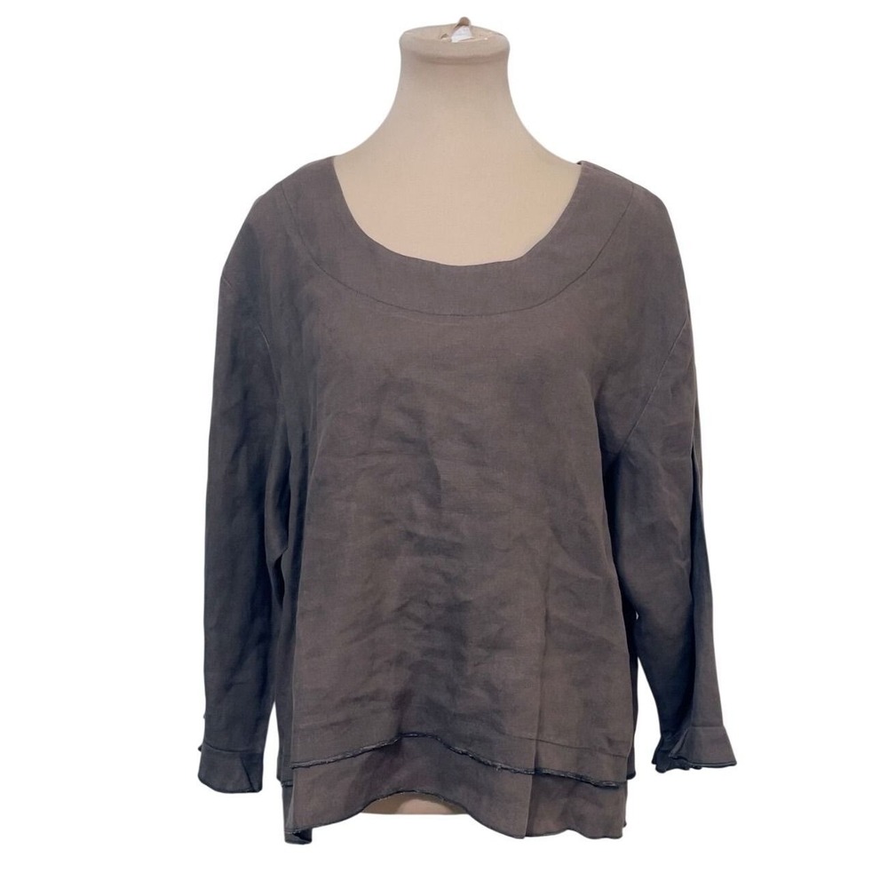 Two Wishes Womens Linen Scoop Neck Long Sleeve Top Brown L Lagenlook Raw Hem